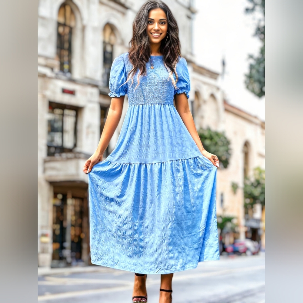 Anna Kaci‎ Shirred Puff Sleeve Textured Dress Blue